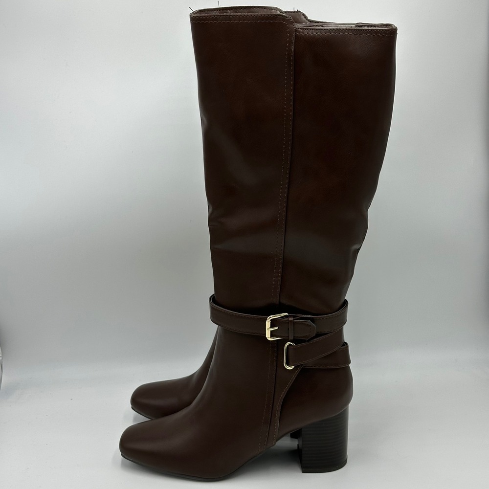 NIB Liz Claiborne Hemlock Brown Faux Leather Block Heel Riding Boots Womens 6M